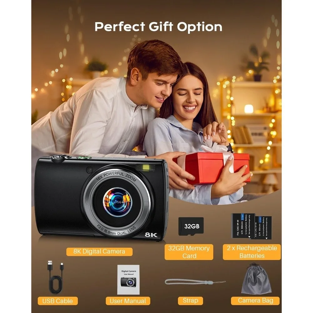 8K Digital Camera 88MP WiFi Vlogging Camera Dual Lens 16X Zoom Compact Travel
